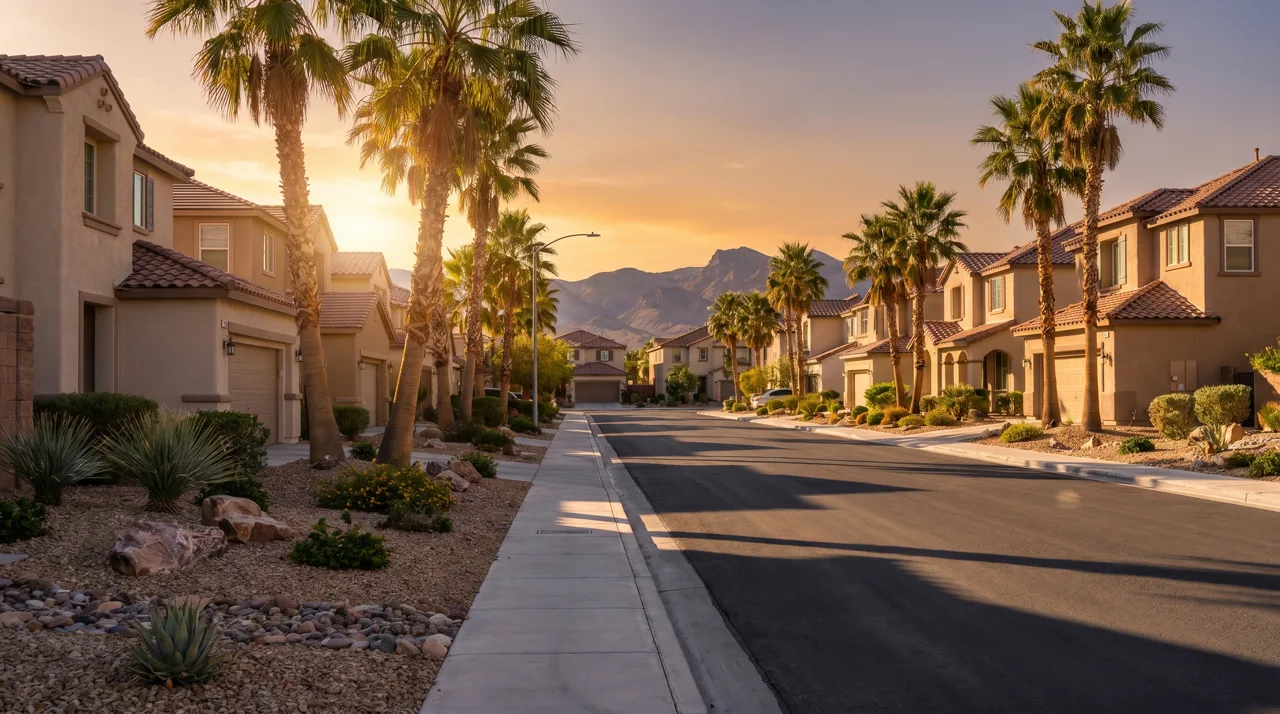 Quiet Las Vegas residential street lined with palm trees at sunset