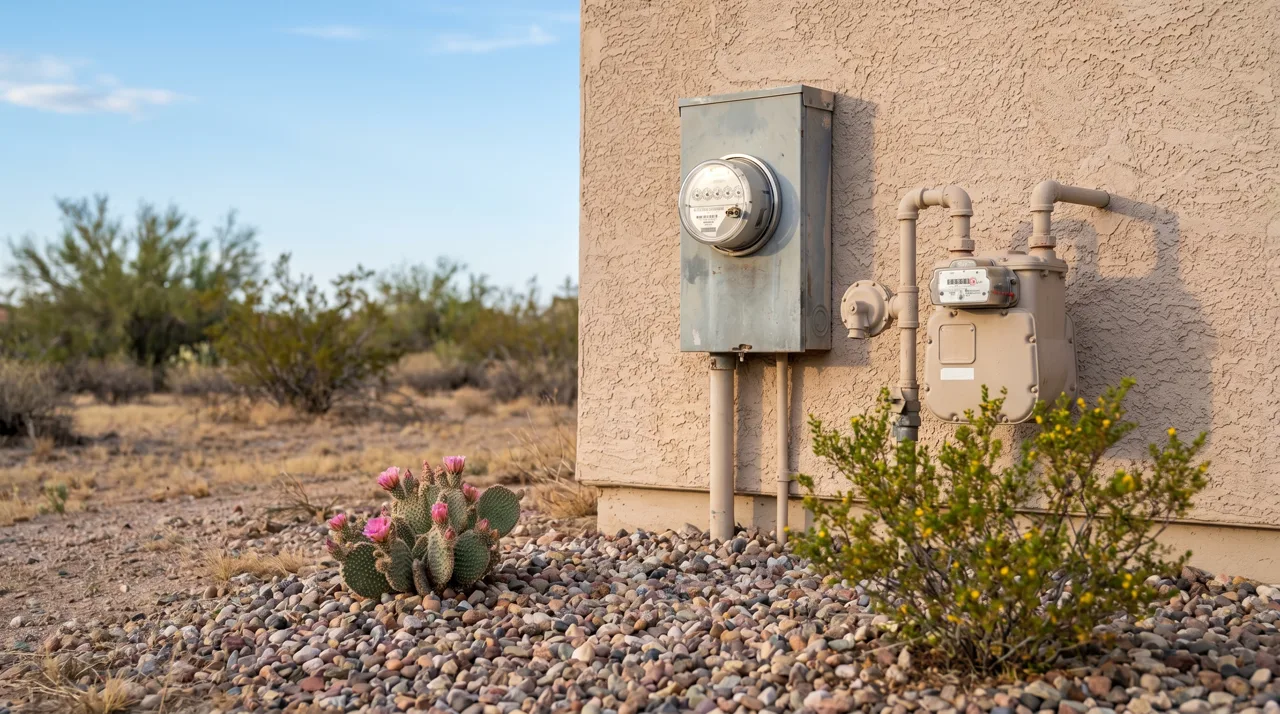Close-up of residential electric and gas meters on the exterior wall of a stucco home with desert plants in the foreground