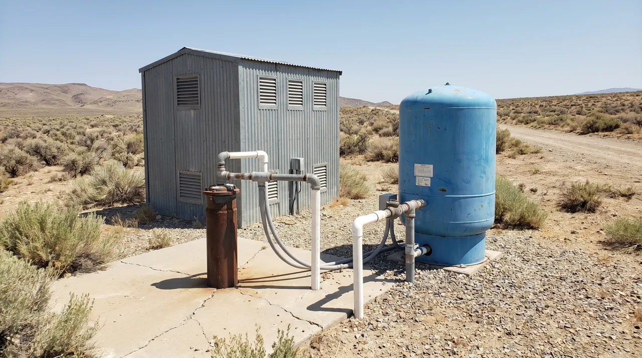 Residential well head and pressure tank installation at a rural Nevada property