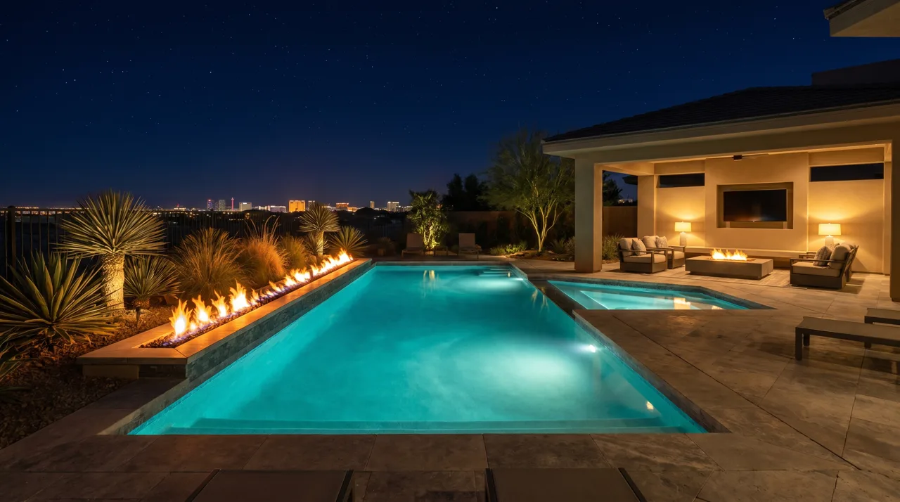 Las Vegas resort-style backyard at night with a lit pool, glowing fire features, and a warmly lit lounge area under a dark desert sky