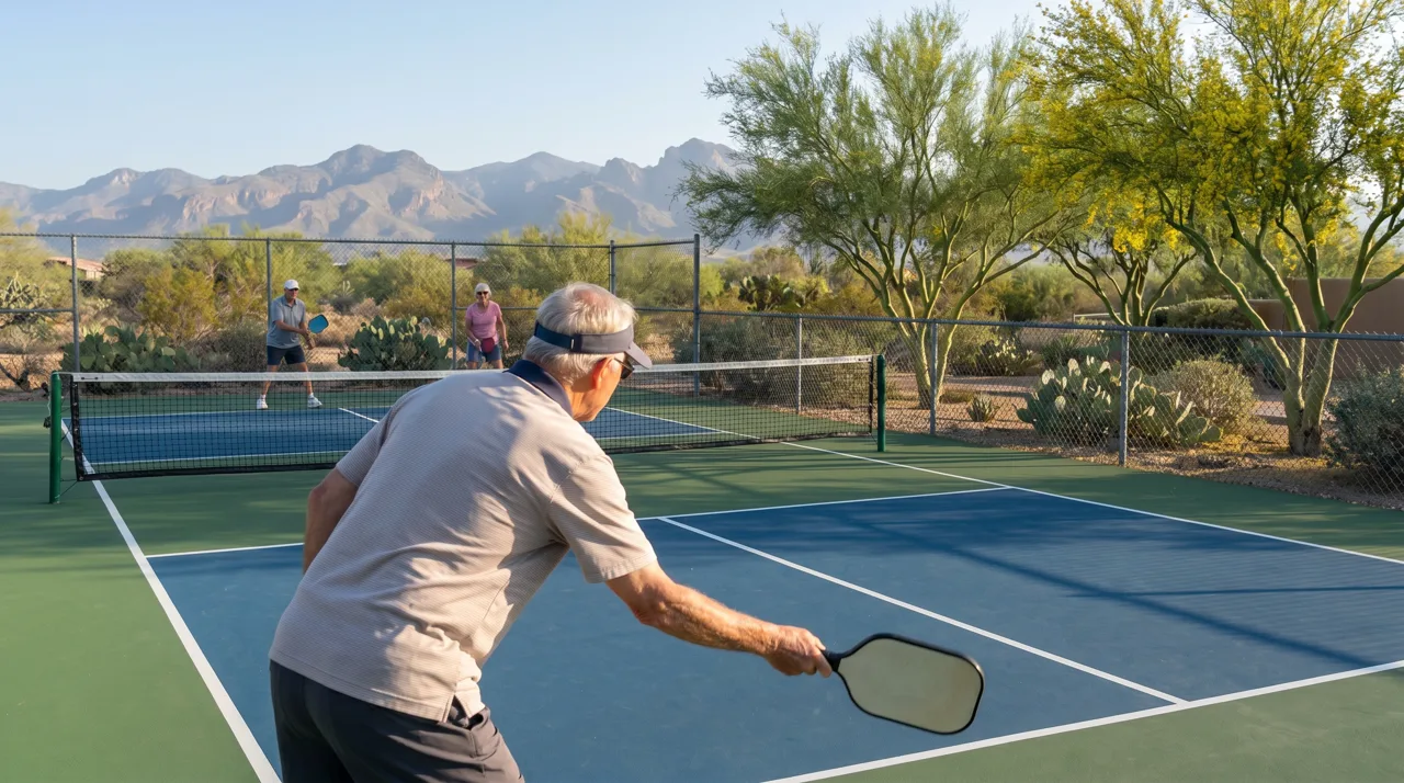 Group of active retirees playing pickleball on an outdoor court at a Las Vegas 55+ community