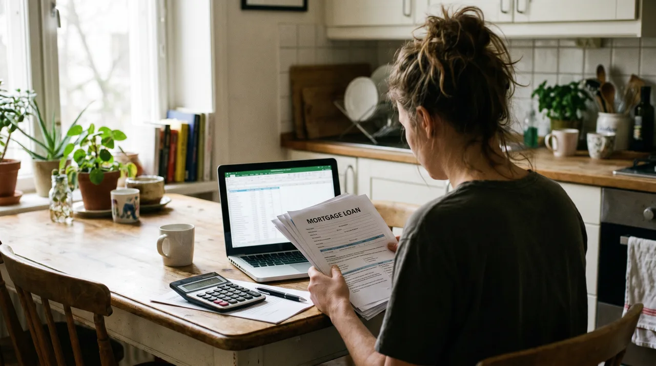 Person reviewing mortgage loan documents with a calculator at a kitchen table