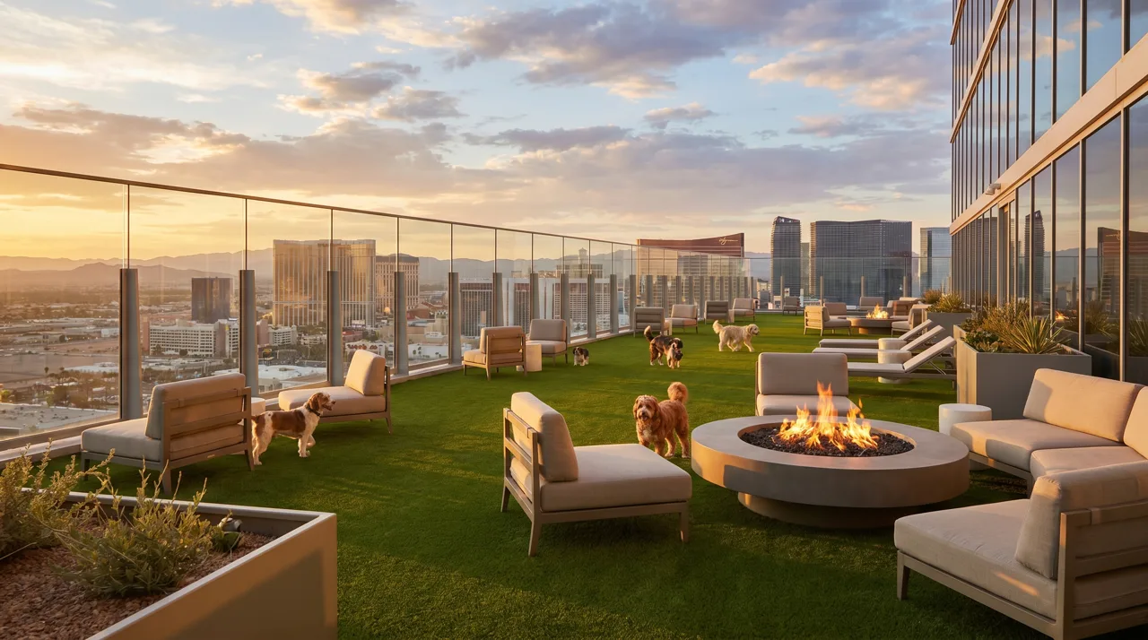 Rooftop dog park with artificial turf, lounge seating, and a fire pit atop a downtown Las Vegas high-rise