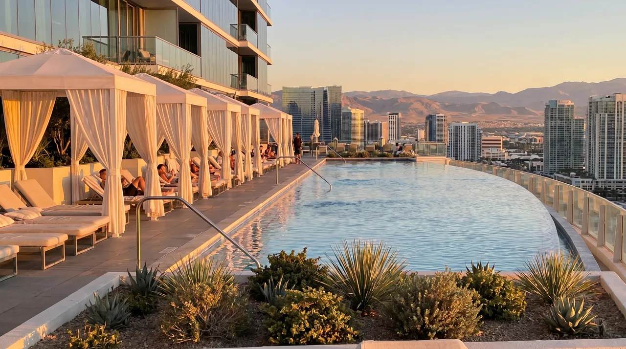 Resort-style infinity pool with cabanas on a high-rise rooftop overlooking a city skyline