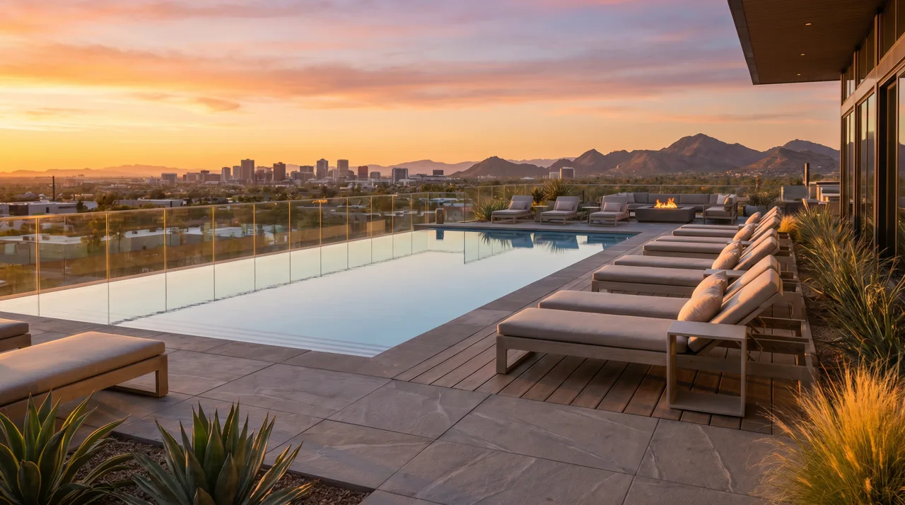 Rooftop pool deck of a downtown Las Vegas high-rise condo at sunset with the city skyline in the distance