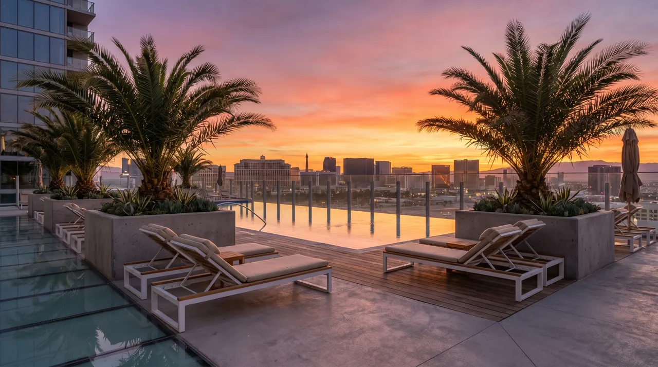Rooftop infinity pool of a Las Vegas high-rise condo with city skyline at sunset
