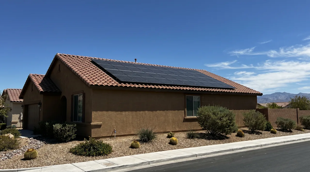 Rooftop solar panel array on a single-story Las Vegas home with a clear desert sky overhead