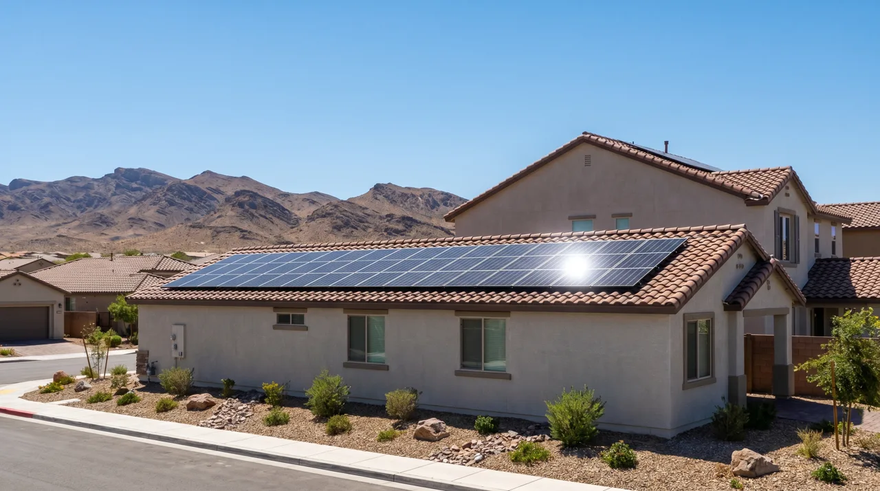 Rooftop solar panels installed on a Las Vegas home with desert mountains in the background