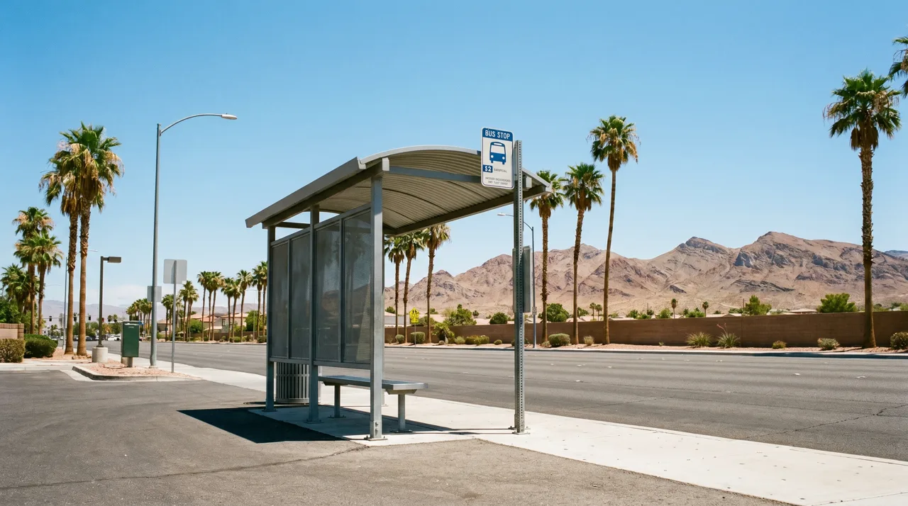 Covered RTC bus stop shelter with bench seating along a Las Vegas street during the day
