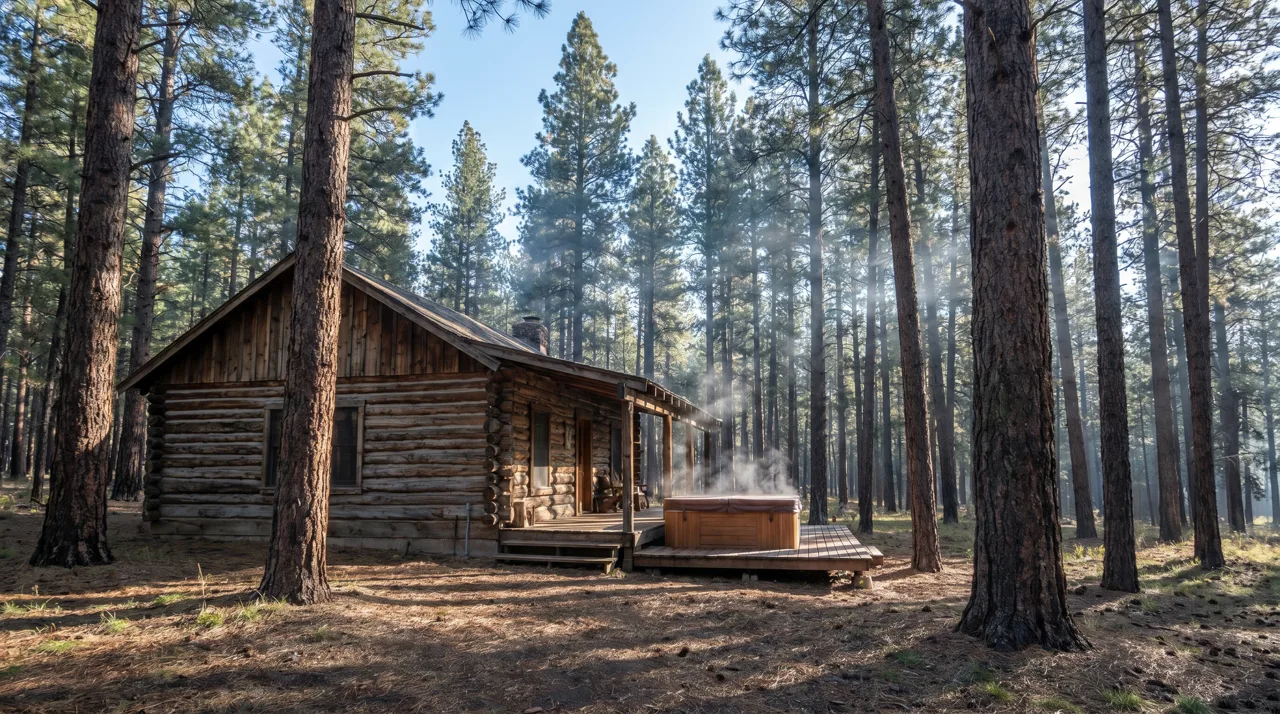 A rustic wooden cabin surrounded by tall pine trees in the mountains near Las Vegas