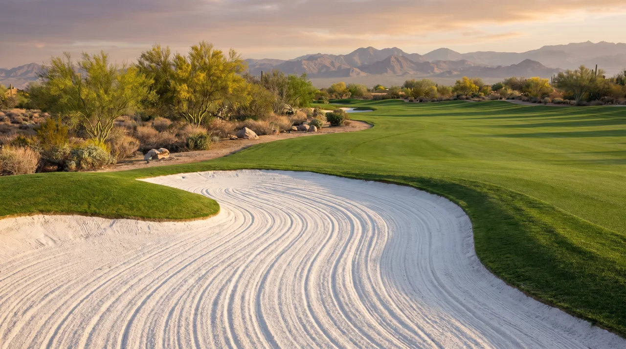 Close view of a white sand bunker beside a green fairway in the Las Vegas desert in morning light