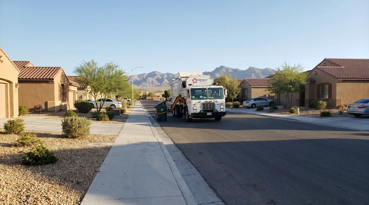 Residential sanitation collection truck driving down a Las Vegas suburban street