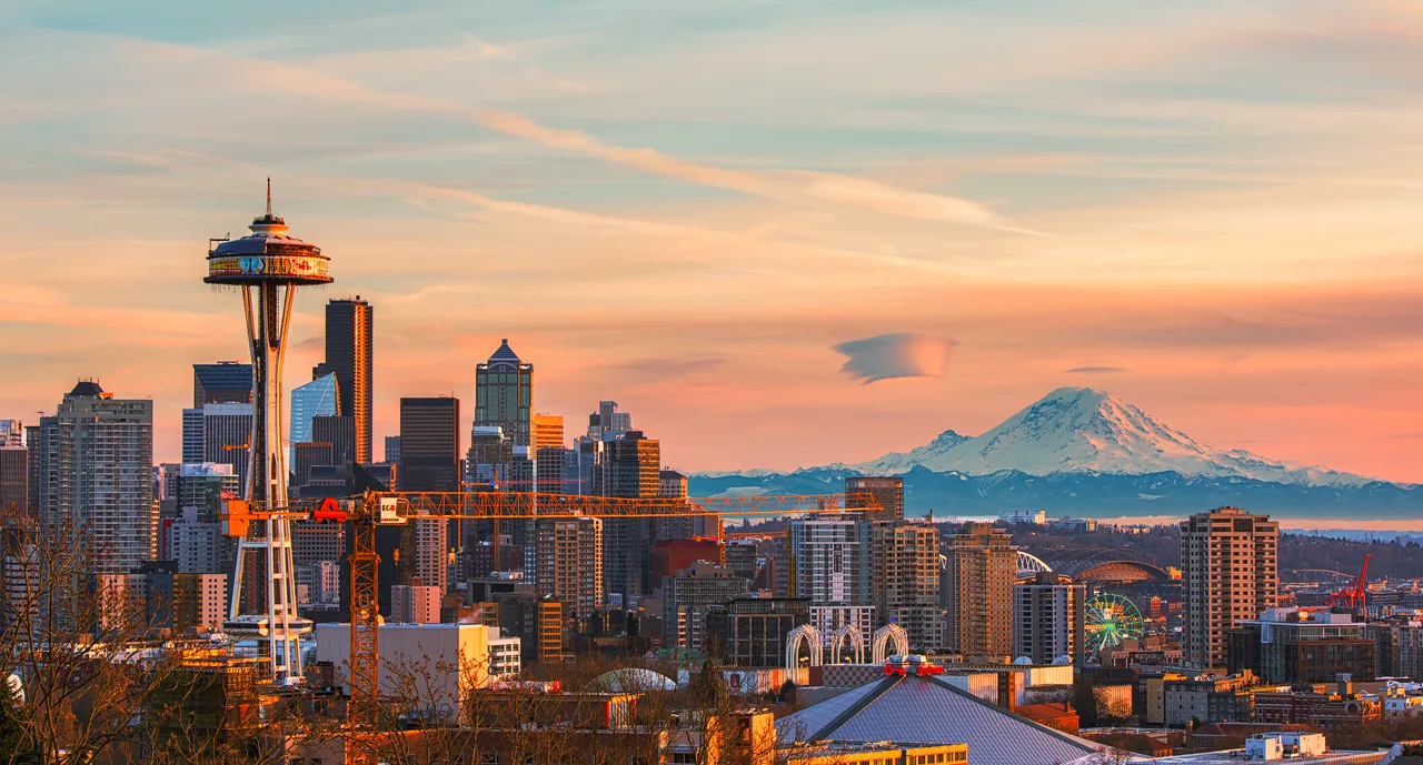 Seattle waterfront skyline with Mount Rainier rising in the background