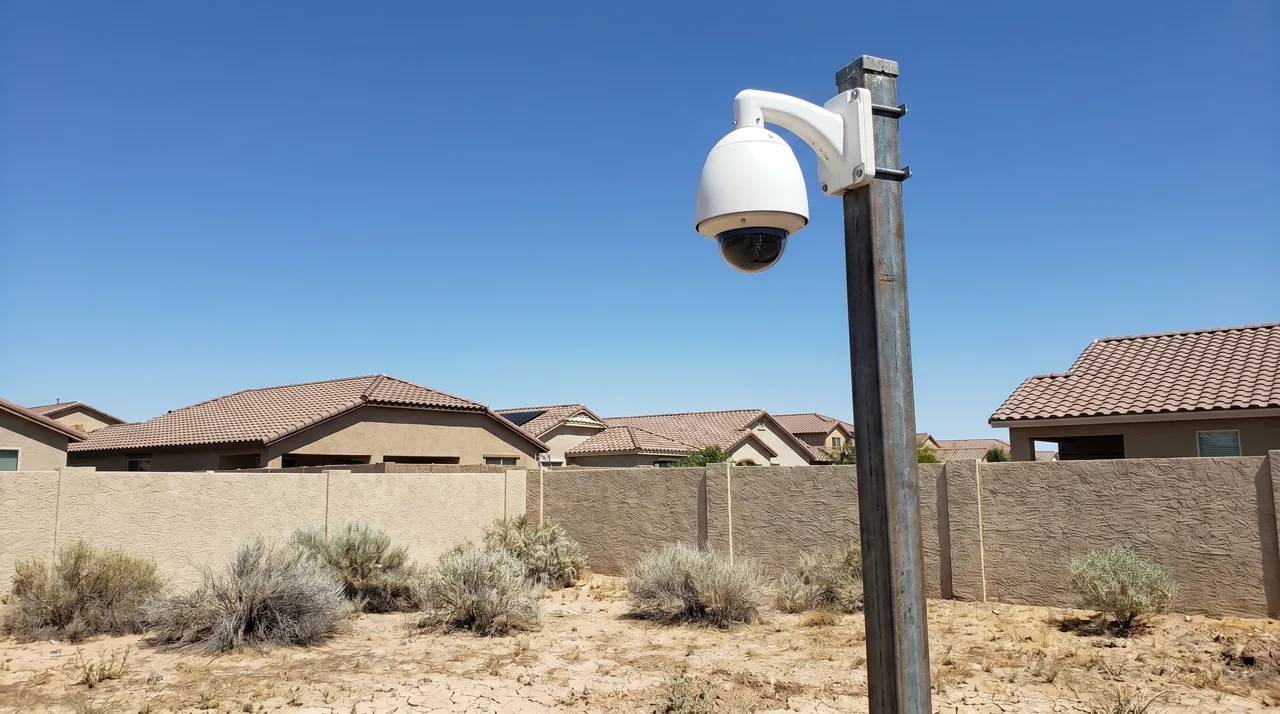 Security camera mounted on a tall metal post against a desert landscape at midday