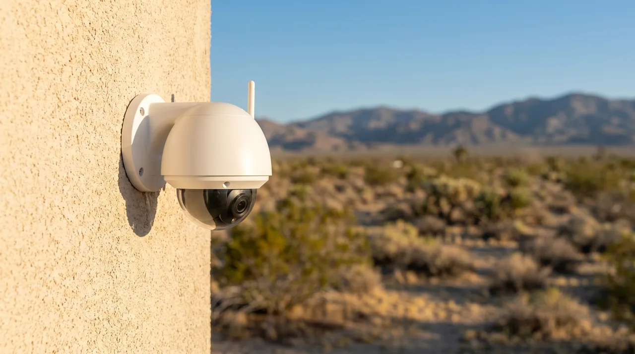 Modern outdoor security camera mounted on a stucco perimeter wall with a desert landscape in the background