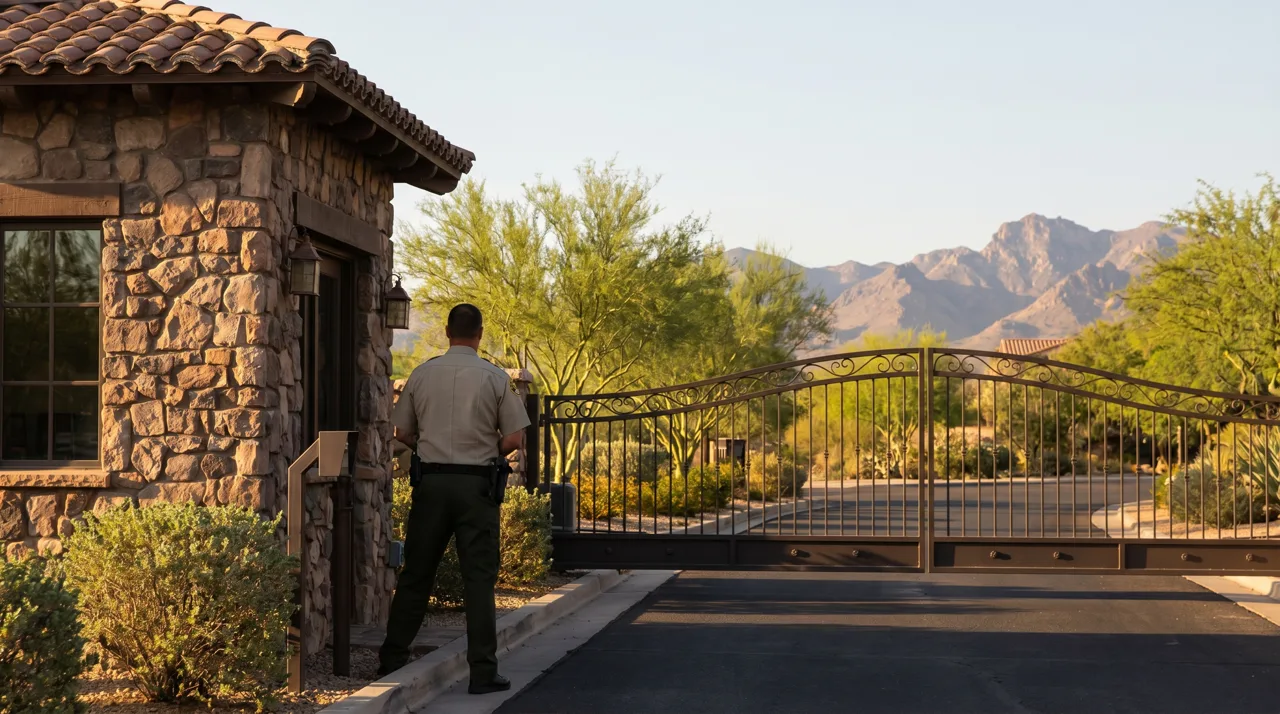 Uniformed security guard seen from behind standing at a guard gatehouse entrance to a luxury desert community