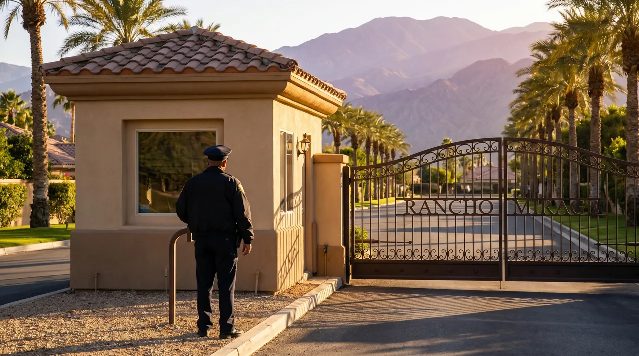 Uniformed security guard seen from behind at a gated community guardhouse