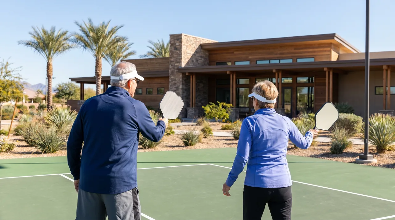 Active senior couple playing pickleball on an outdoor court at a 55+ community recreation center