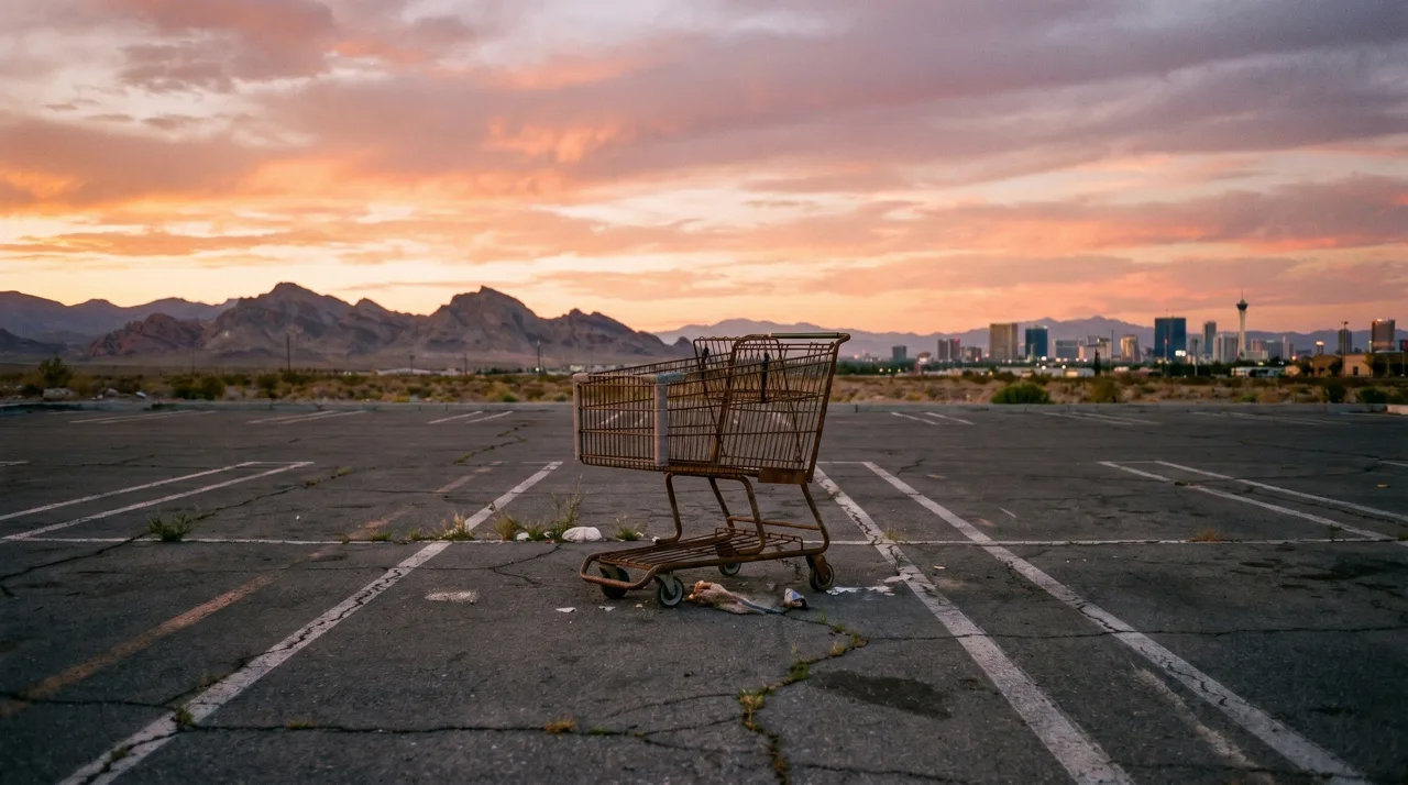 Single shopping cart alone in an empty Las Vegas suburban parking lot at sunset