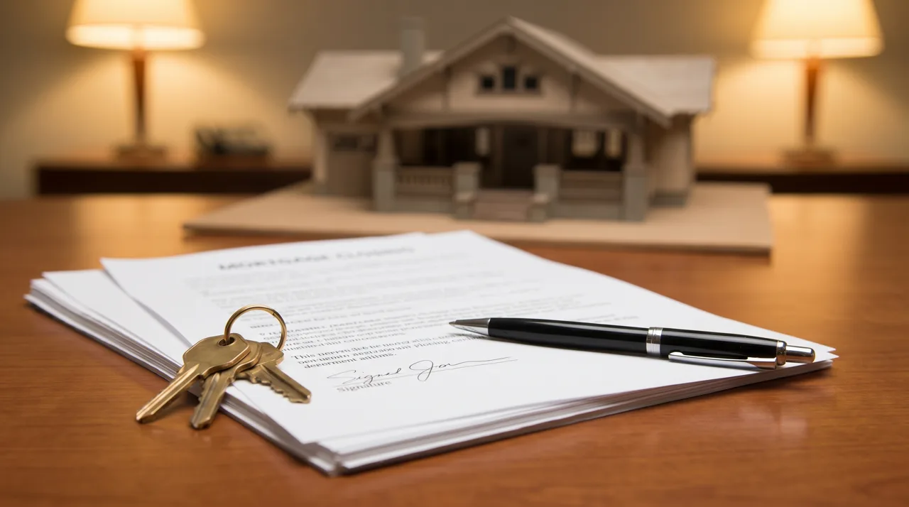 A pen resting on signed mortgage closing documents on a desk with house keys and a small model home in the background