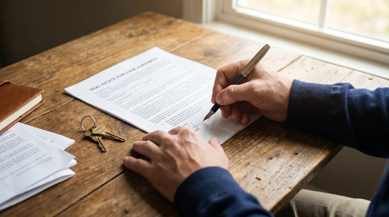 Hands signing a real estate purchase contract at a desk with house keys resting nearby