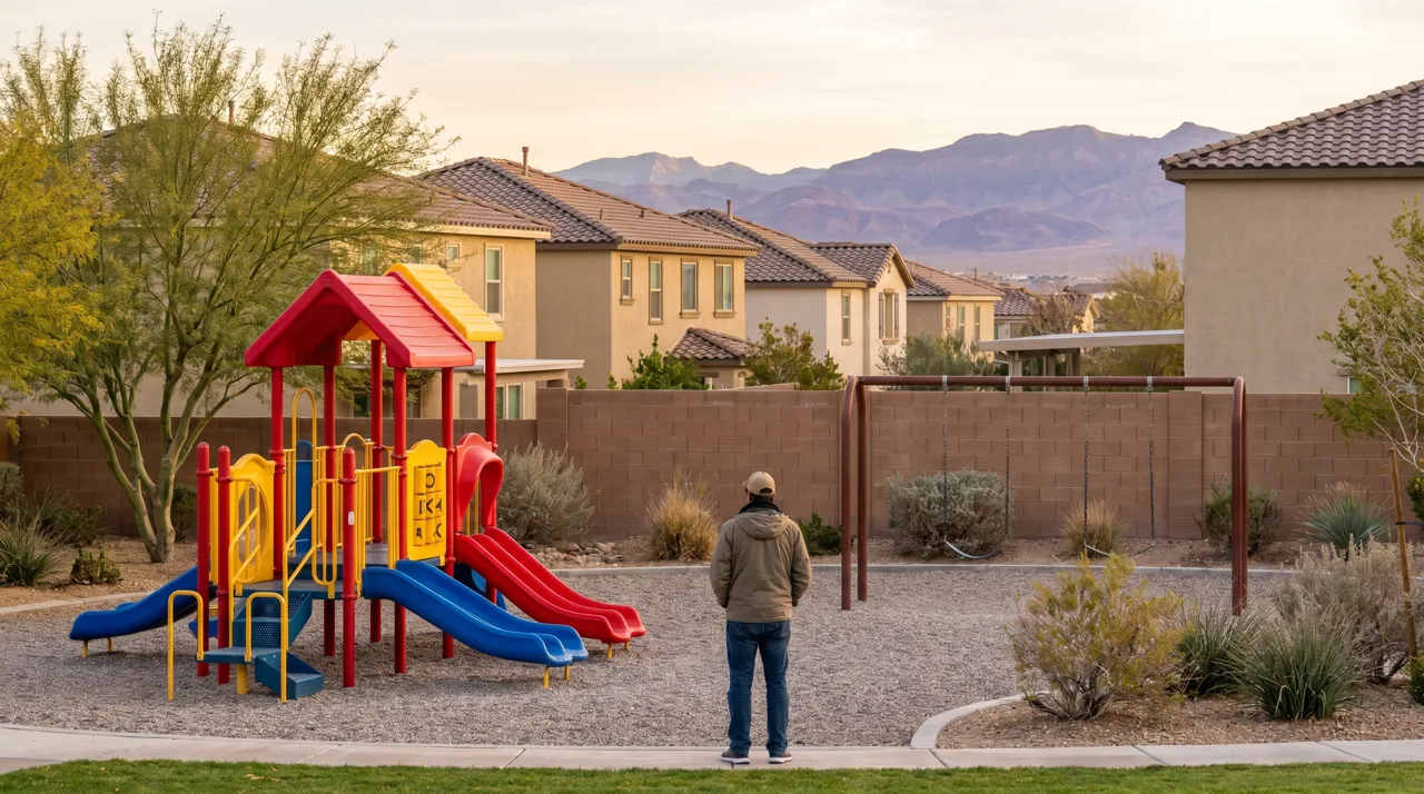 Parent watching a small neighborhood playground in a quiet Las Vegas suburban community
