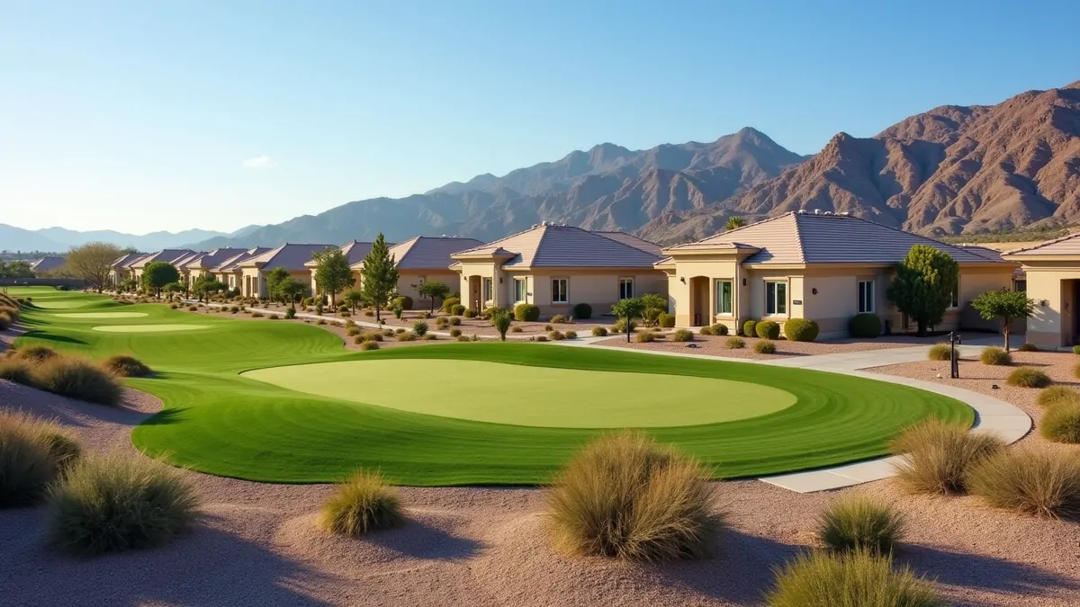 Simple desert homes bordering golf course in Las Vegas area, afternoon sun