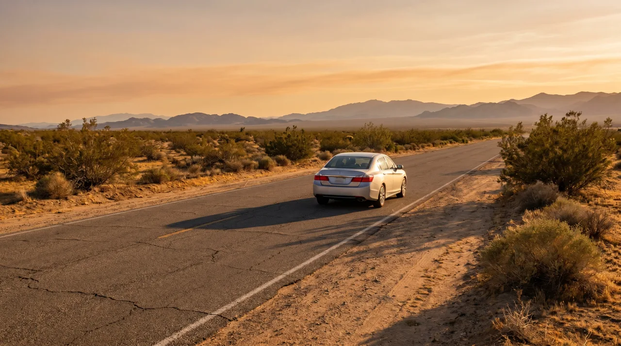 A single car driving on a desert road near Las Vegas in the late afternoon