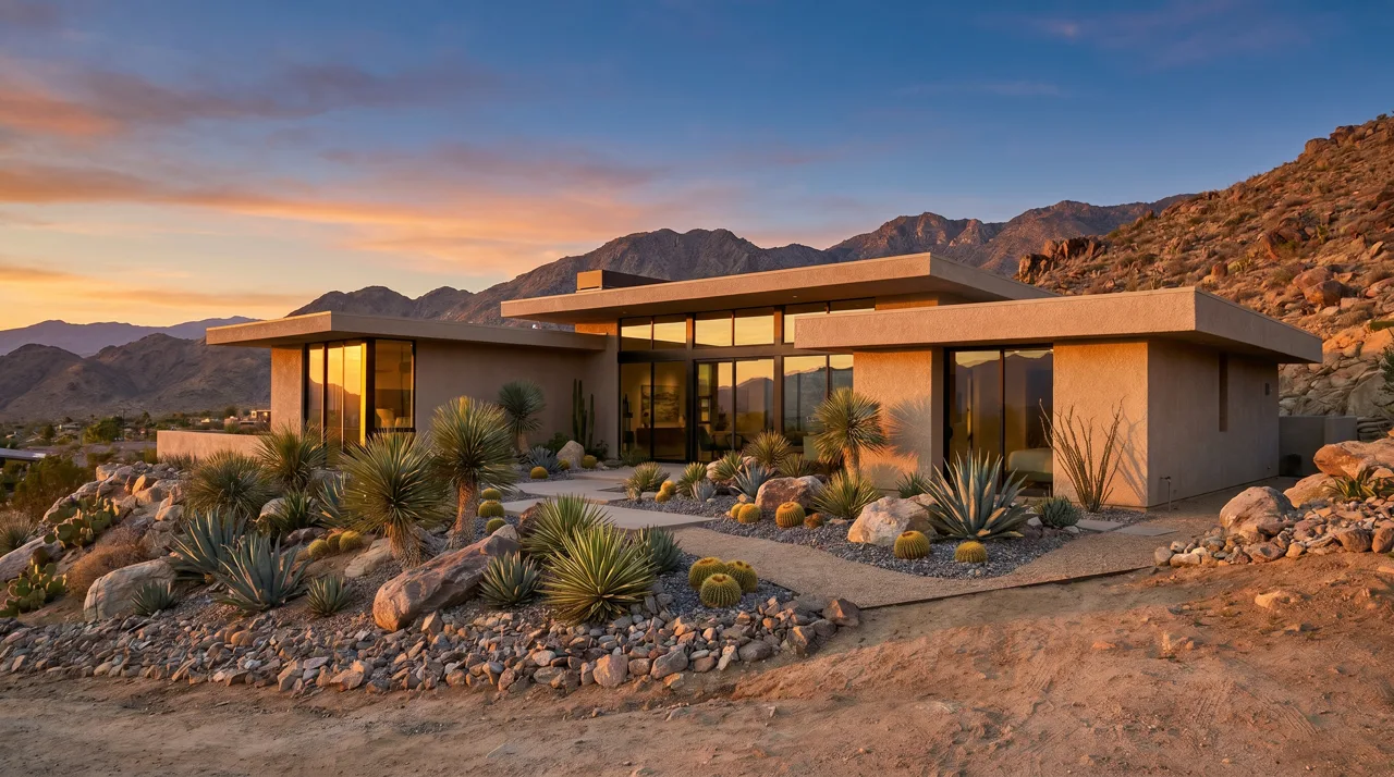 A modern desert contemporary luxury home on a hillside in the Las Vegas desert at sunset