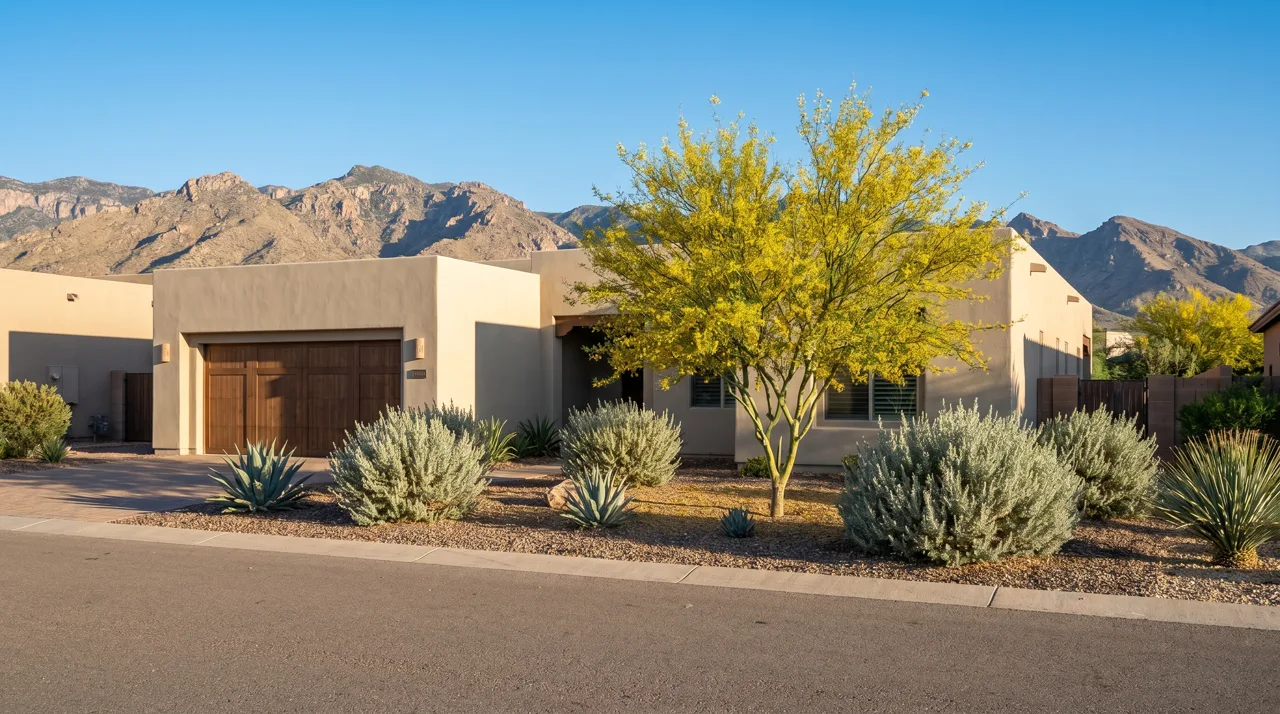 Modern single-family rental home with desert landscaping and a two-car garage in a Las Vegas subdivision