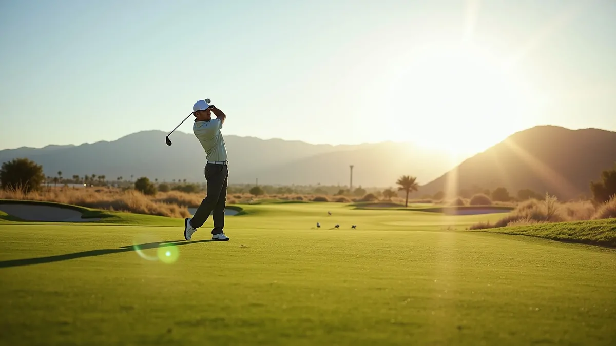 Single golfer swinging on Las Vegas desert golf course, morning light