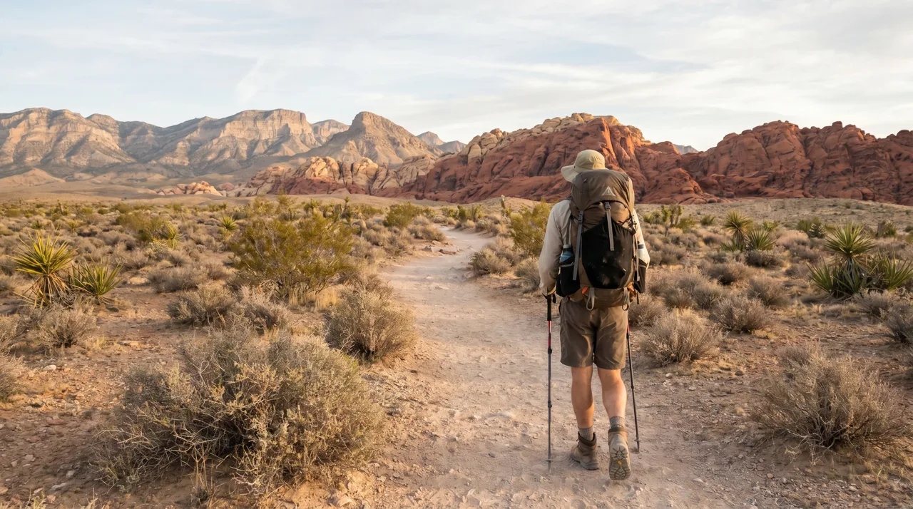 Single hiker walking on a desert trail near Las Vegas with mountain backdrop