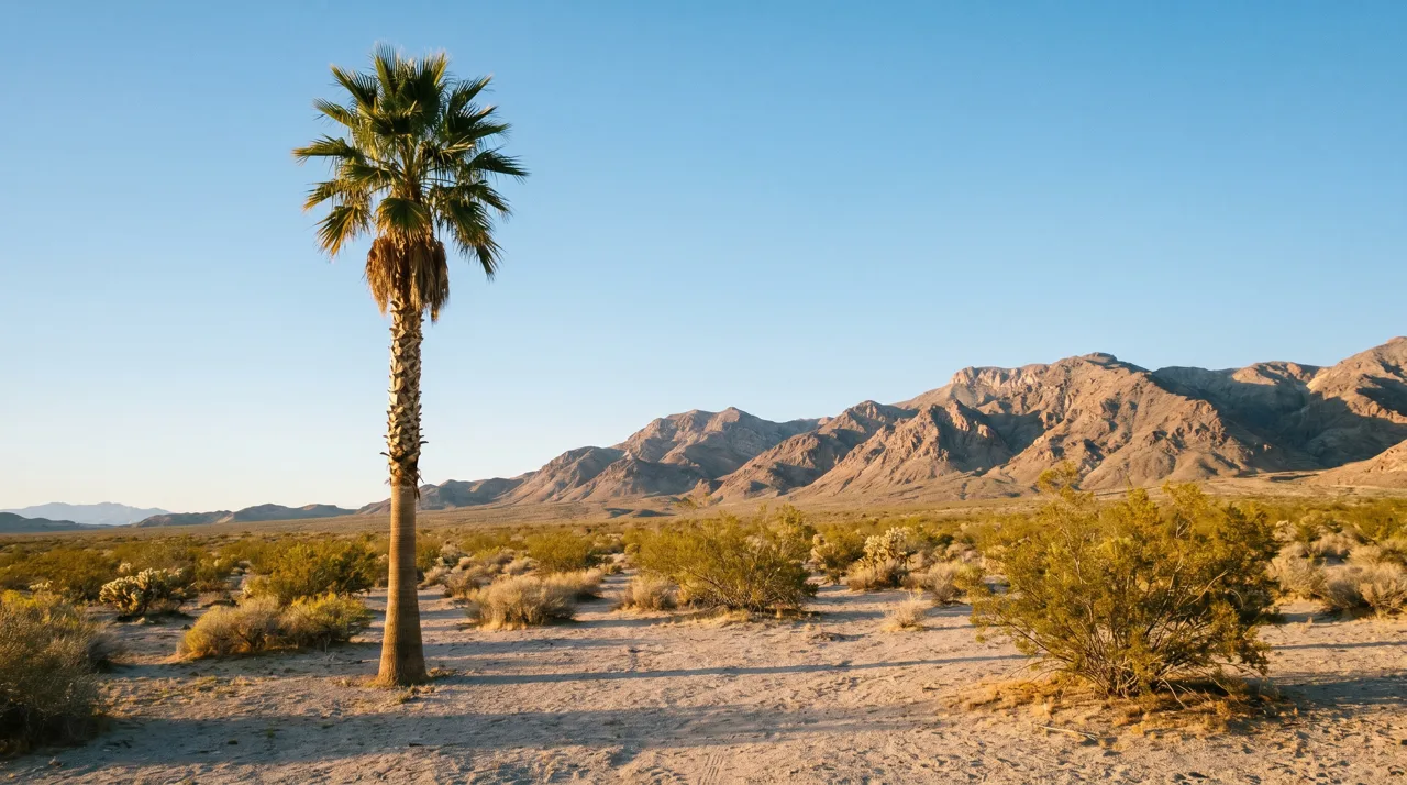 A single tall fan palm tree in the Las Vegas desert with mountains in the background under warm afternoon light