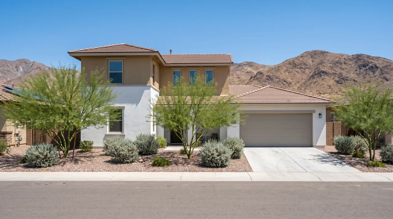 Modern two-story stucco home with desert landscaping and mountain views in a Las Vegas suburb
