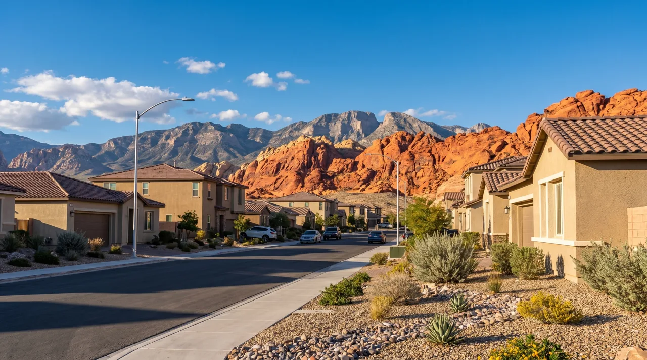 Skye Canyon neighborhood in northwest Las Vegas with Spring Mountains and Red Rock Canyon visible in the background