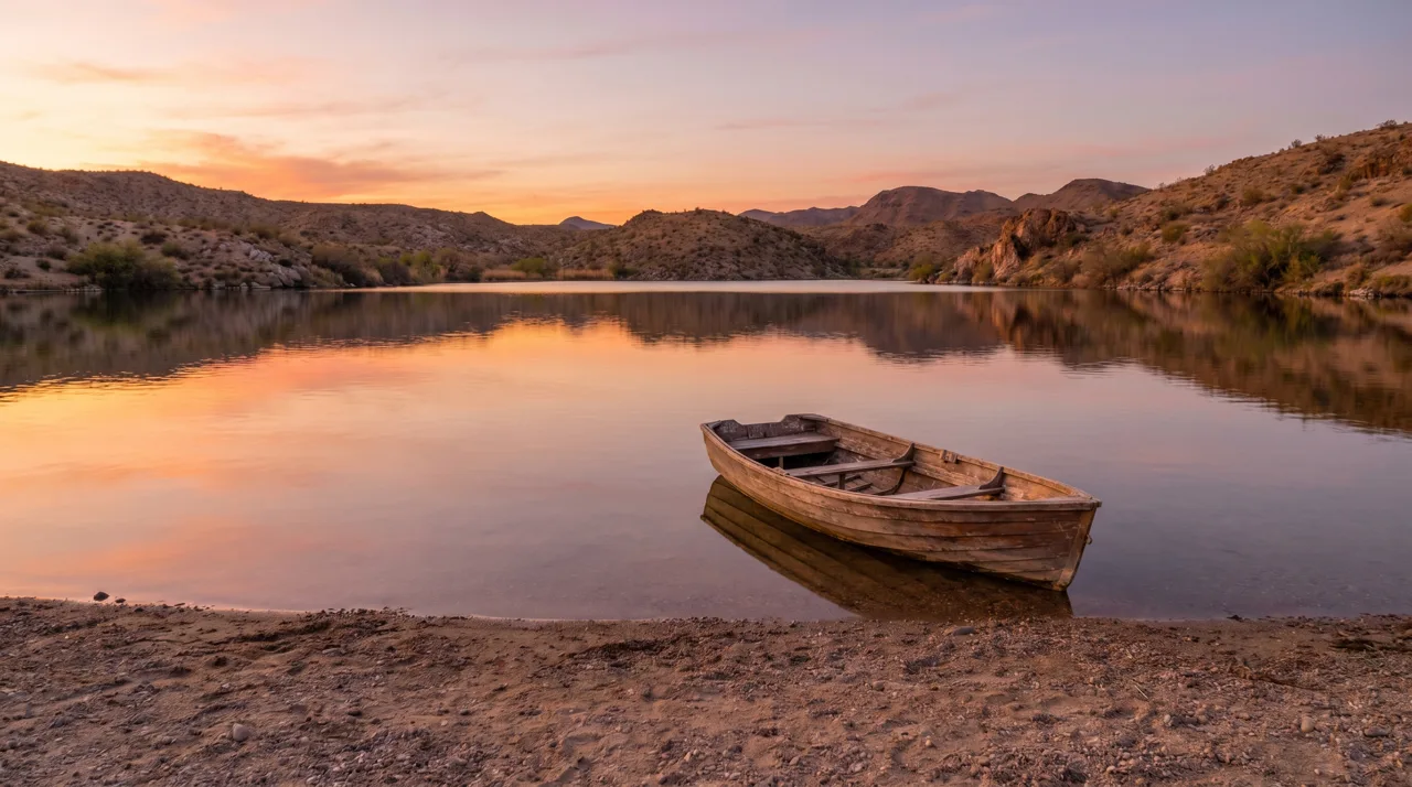 Small boat drifting on a quiet desert lake at sunset with golden reflections on the water