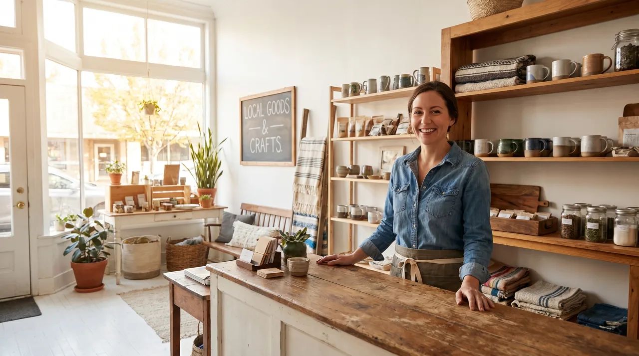 Small business owner standing behind the counter of a bright boutique shop with product displays