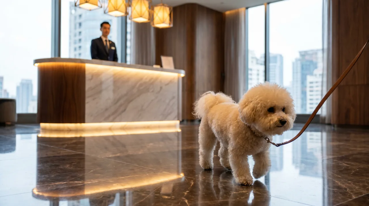 Small dog on a leash walking through a modern high-rise condo lobby with a concierge desk in the background