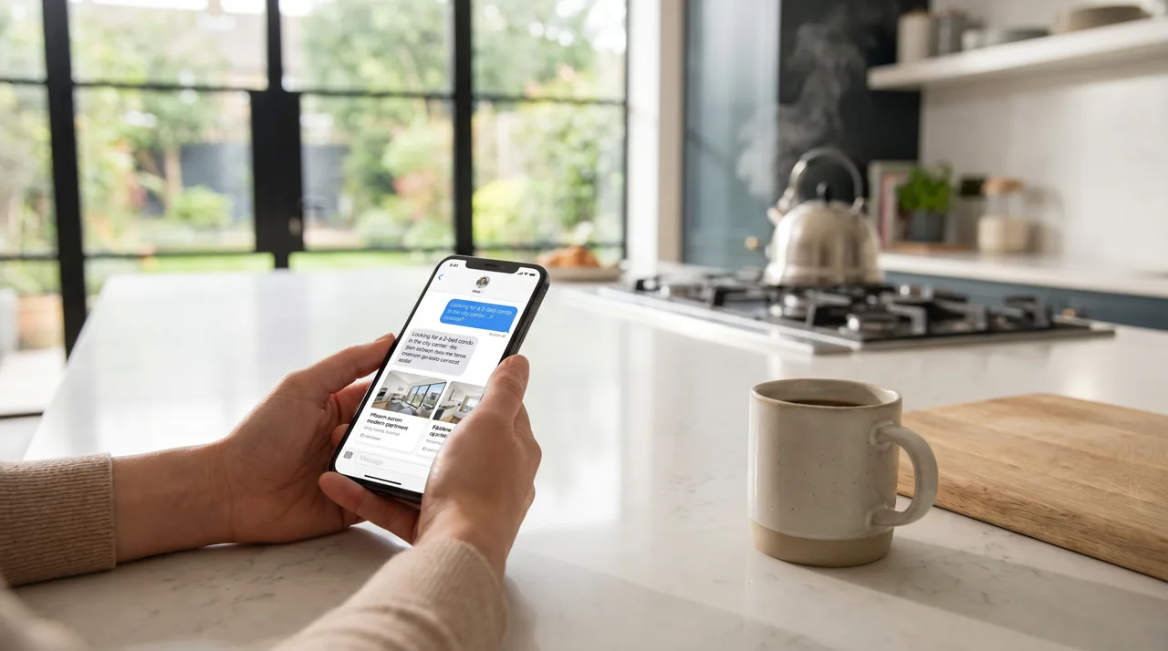 Person using a smartphone to search for Las Vegas homes through a conversational AI search interface