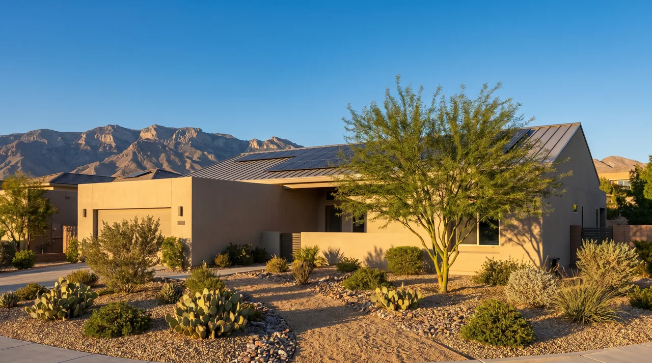 Modern Las Vegas home with rooftop solar panels and a xeriscape yard, with desert mountains in the background