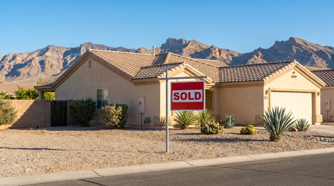 A SOLD real estate sign in front of a single-family Las Vegas home with mountains in the background
