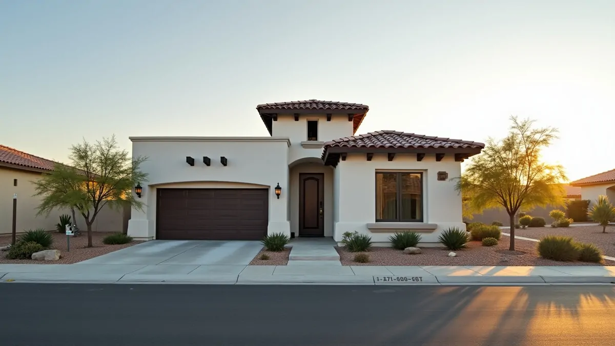 Spanish-style home with dark wood in Las Vegas desert, afternoon sun