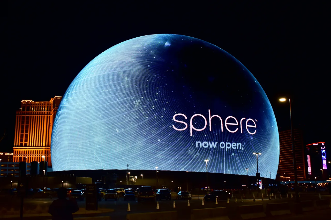 The Sphere in Las Vegas illuminated with a colorful LED display at night
