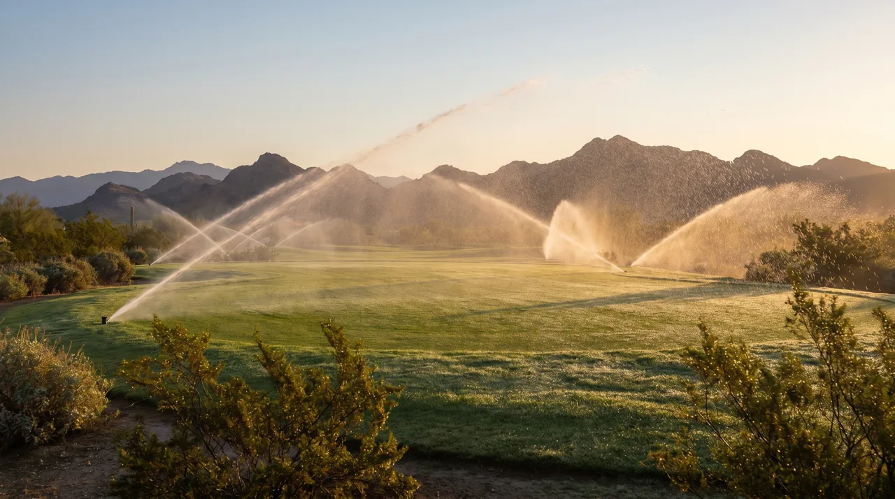 Irrigation sprinklers watering a manicured golf green in early morning on a Las Vegas desert course