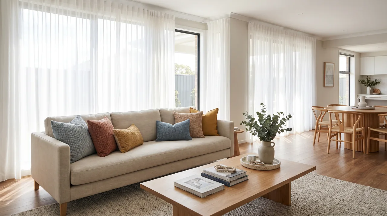 Bright, stylishly furnished living room of a Las Vegas vacation rental staged for guests