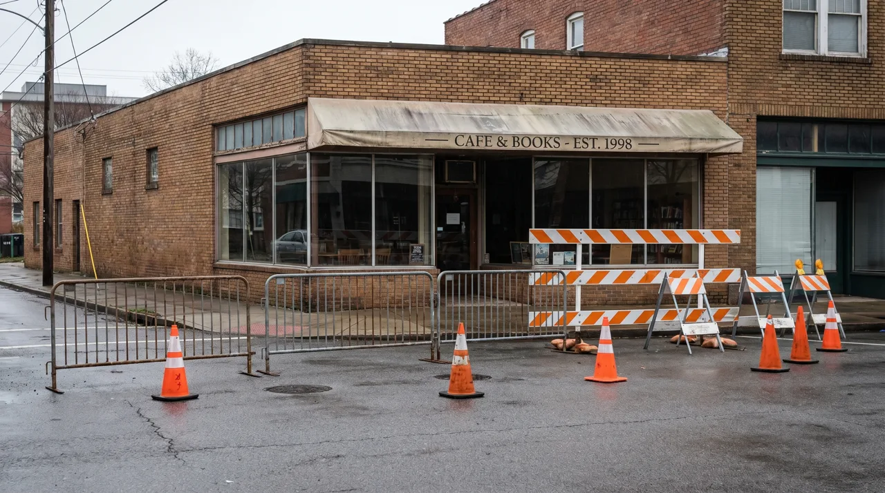 Small business storefront on an urban street behind orange construction barricades and metal barriers
