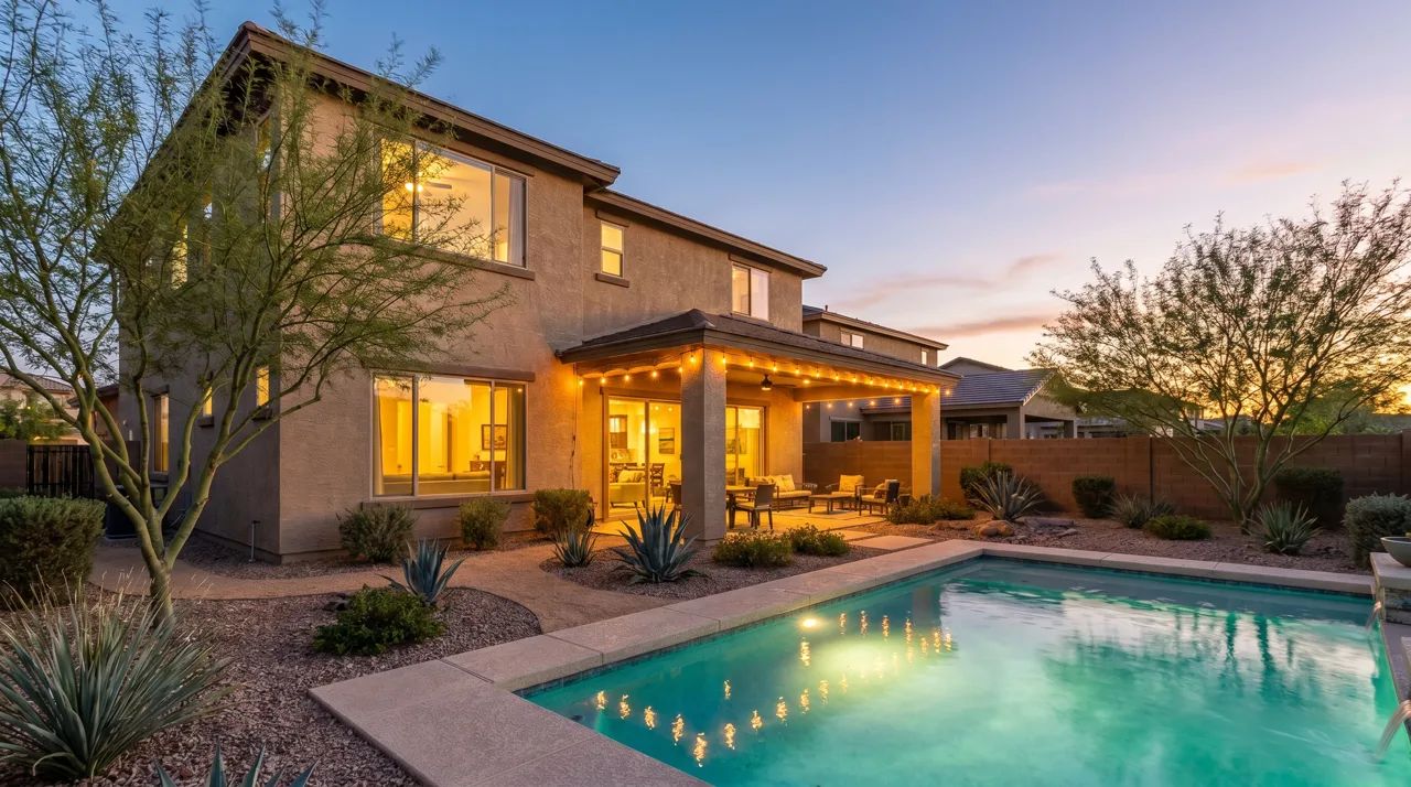 Las Vegas short-term rental home at twilight with string lights over a glowing backyard pool