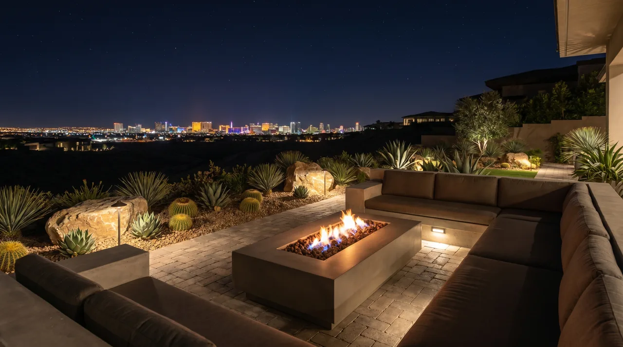 Nighttime view of the Las Vegas Strip skyline from a Henderson hillside backyard with desert landscaping