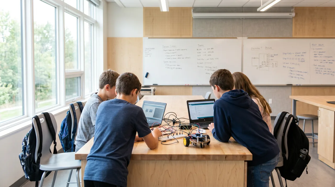 Students working on a STEM project at a desk in a bright modern classroom with whiteboards and computers