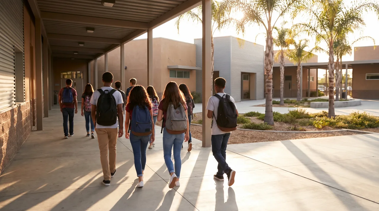 Students walking outside a modern American suburban high school campus at golden hour seen from behind
